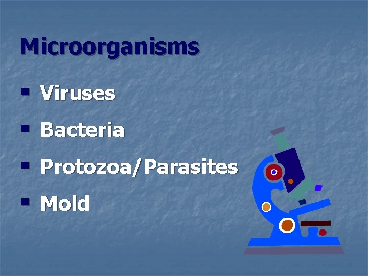 Microorganisms § § Viruses Bacteria Protozoa/Parasites Mold 