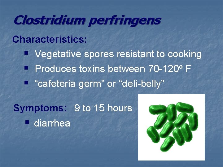 Clostridium perfringens Characteristics: § Vegetative spores resistant to cooking § Produces toxins between 70