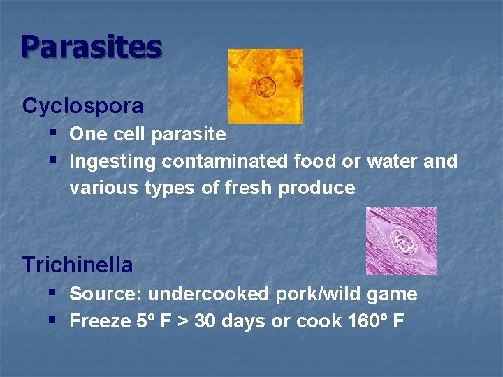 Parasites Cyclospora § One cell parasite § Ingesting contaminated food or water and various