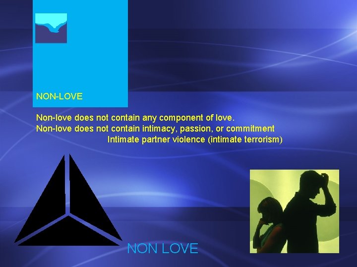 NON-LOVE Non-love does not contain any component of love. Non-love does not contain intimacy,