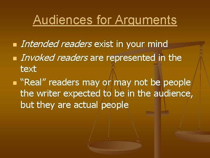 Audiences for Arguments n n n Intended readers exist in your mind Invoked readers