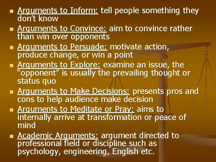n n n n Arguments to Inform: tell people something they don’t know Arguments