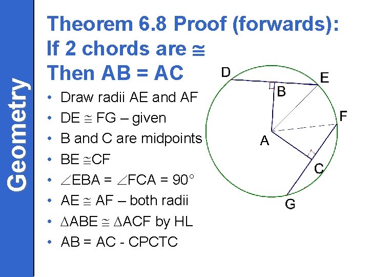 Geometry Theorem 6. 8 Proof (forwards): If 2 chords are Then AB = AC