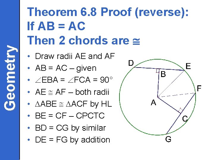 Geometry Theorem 6. 8 Proof (reverse): If AB = AC Then 2 chords are