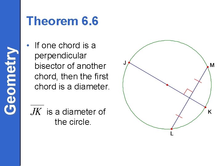 Geometry Theorem 6. 6 • If one chord is a perpendicular bisector of another
