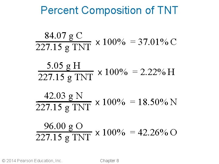 Percent Composition of TNT 84. 07 g C x 100% = 37. 01% C