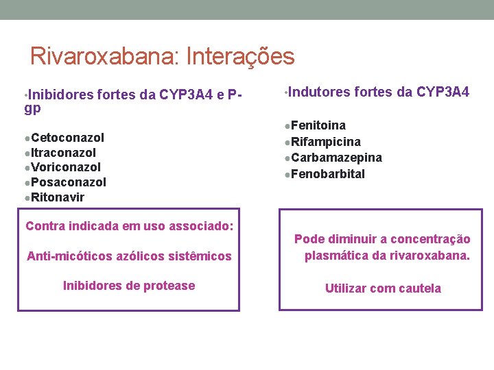 Rivaroxabana: Interações • Inibidores fortes da CYP 3 A 4 e P- • Indutores