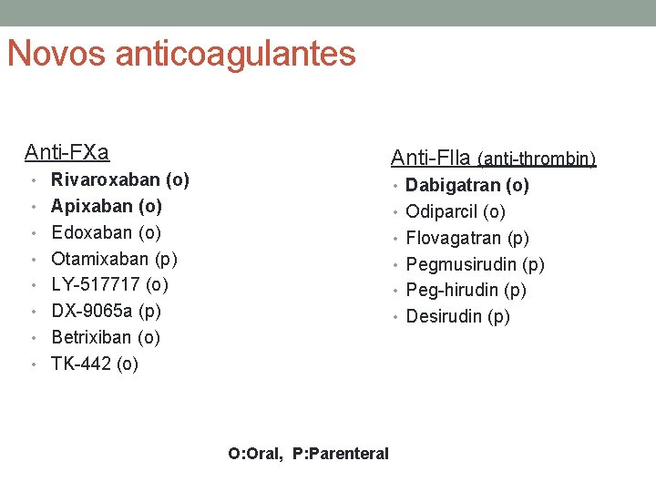 Novos anticoagulantes Anti-FXa Anti-Flla (anti-thrombin) • Rivaroxaban (o) • Dabigatran (o) • Apixaban (o)