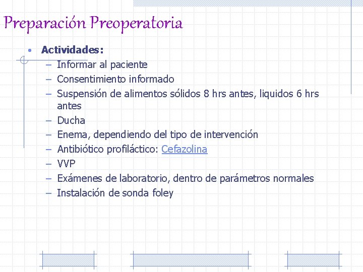 Preparación Preoperatoria • Actividades: – Informar al paciente – Consentimiento informado – Suspensión de