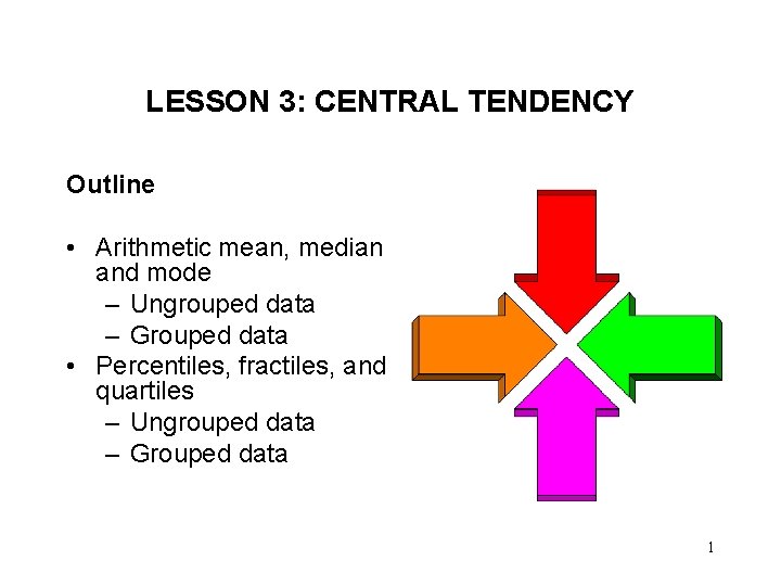 LESSON 3: CENTRAL TENDENCY Outline • Arithmetic mean, median and mode – Ungrouped data