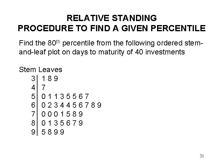 RELATIVE STANDING PROCEDURE TO FIND A GIVEN PERCENTILE Find the 80 th percentile from
