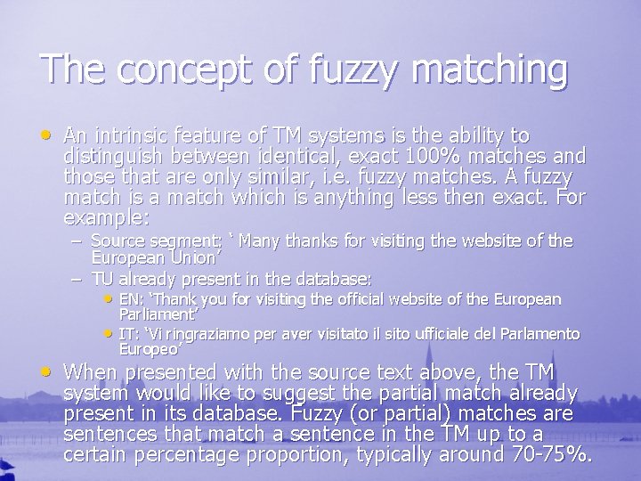 The concept of fuzzy matching • An intrinsic feature of TM systems is the