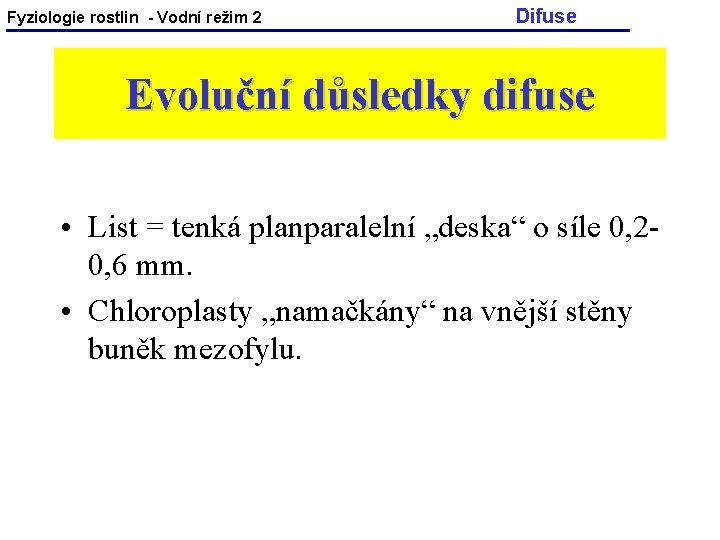 Fyziologie rostlin - Vodní režim 2 Difuse Evoluční důsledky difuse • List = tenká