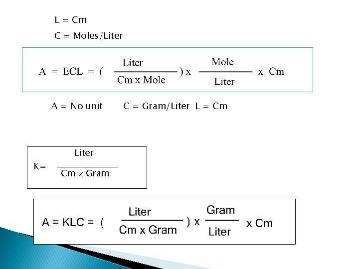 L = Cm C = Moles/Liter A = KCL A = No unit K=