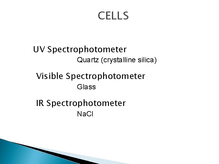 CELLS UV Spectrophotometer Quartz (crystalline silica) Visible Spectrophotometer Glass IR Spectrophotometer Na. Cl 
