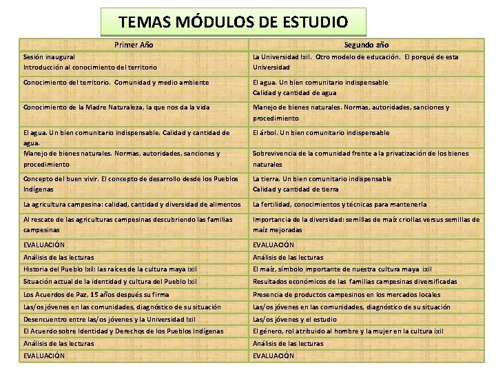 TEMAS MÓDULOS DE ESTUDIO Primer Año Segundo año Sesión inaugural Introducción al conocimiento del