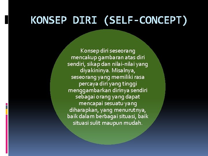 KONSEP DIRI (SELF-CONCEPT) Konsep diri seseorang mencakup gambaran atas diri sendiri, sikap dan nilai-nilai