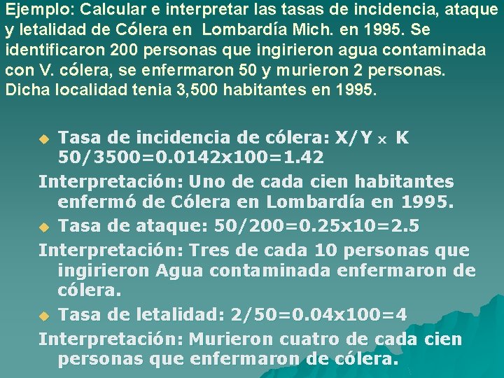 Ejemplo: Calcular e interpretar las tasas de incidencia, ataque y letalidad de Cólera en