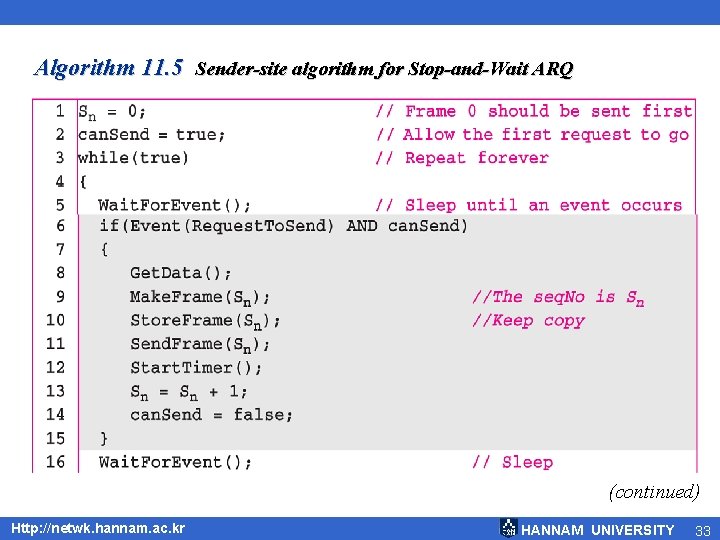 Algorithm 11. 5 Sender-site algorithm for Stop-and-Wait ARQ (continued) Http: //netwk. hannam. ac. kr