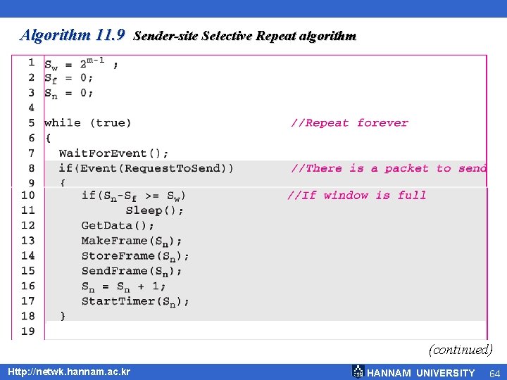 Algorithm 11. 9 Sender-site Selective Repeat algorithm (continued) Http: //netwk. hannam. ac. kr HANNAM