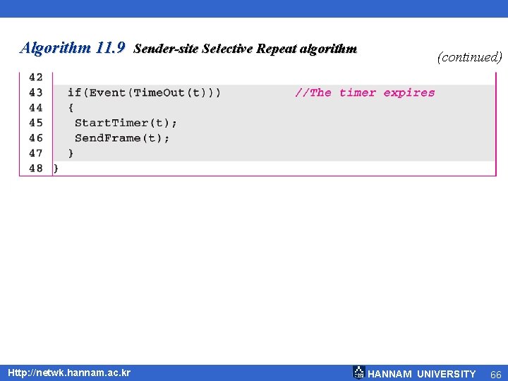 Algorithm 11. 9 Sender-site Selective Repeat algorithm Http: //netwk. hannam. ac. kr (continued) HANNAM