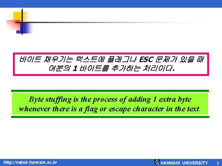 바이트 채우기는 텍스트에 플래그나 ESC 문제가 있을 때 여분의 1 바이트를 추가하는 처리이다. Byte