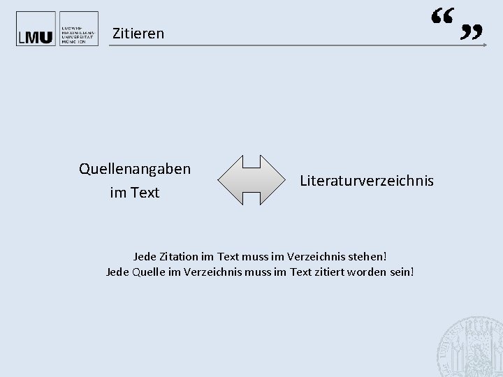 Zitieren Quellenangaben im Text Literaturverzeichnis Jede Zitation im Text muss im Verzeichnis stehen! Jede