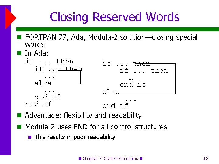Closing Reserved Words FORTRAN 77, Ada, Modula-2 solution—closing special words In Ada: if. . Closing Reserved Words FORTRAN 77, Ada, Modula-2 solution—closing special words In Ada: if. .