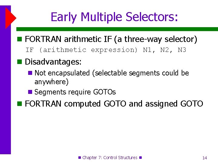 Early Multiple Selectors: FORTRAN arithmetic IF (a three-way selector) IF (arithmetic expression) N 1, Early Multiple Selectors: FORTRAN arithmetic IF (a three-way selector) IF (arithmetic expression) N 1,
