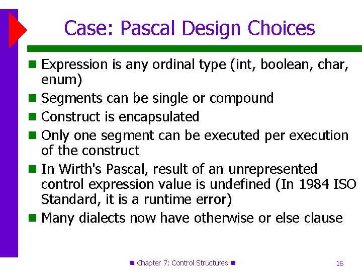 Case: Pascal Design Choices Expression is any ordinal type (int, boolean, char, enum) Segments Case: Pascal Design Choices Expression is any ordinal type (int, boolean, char, enum) Segments