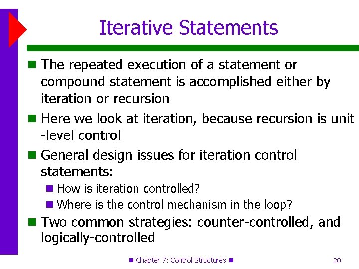 Iterative Statements The repeated execution of a statement or compound statement is accomplished either Iterative Statements The repeated execution of a statement or compound statement is accomplished either