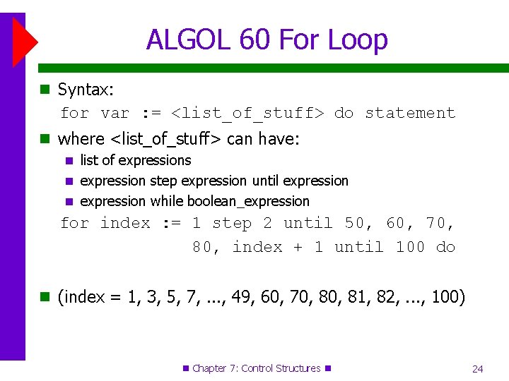 ALGOL 60 For Loop Syntax: for var : = <list_of_stuff> do statement where <list_of_stuff> ALGOL 60 For Loop Syntax: for var : = <list_of_stuff> do statement where <list_of_stuff>