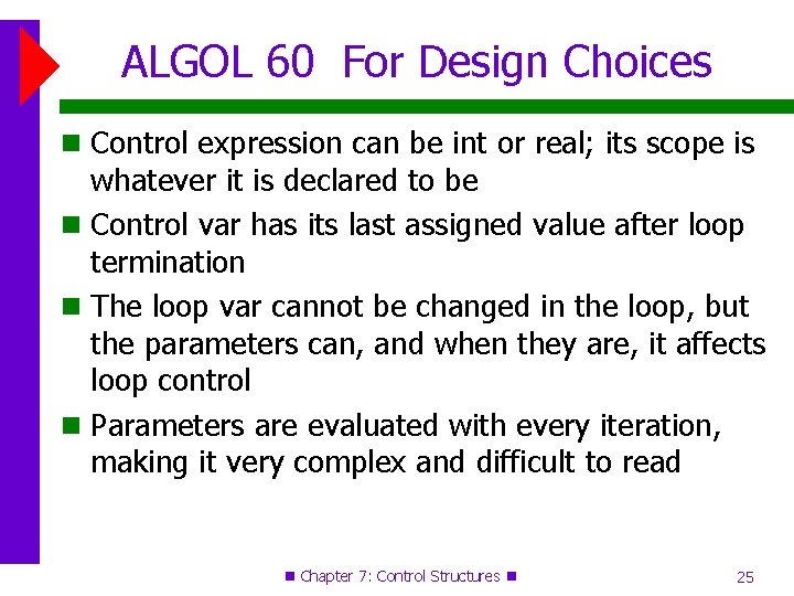 ALGOL 60 For Design Choices Control expression can be int or real; its scope ALGOL 60 For Design Choices Control expression can be int or real; its scope