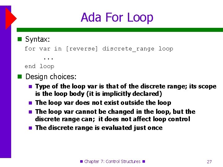 Ada For Loop Syntax: for var in [reverse] discrete_range loop. . . end loop