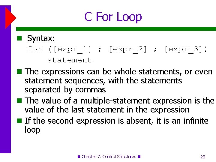 C For Loop Syntax: for ([expr_1] ; [expr_2] ; [expr_3]) statement The expressions can