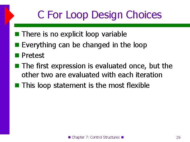 C For Loop Design Choices There is no explicit loop variable Everything can be C For Loop Design Choices There is no explicit loop variable Everything can be