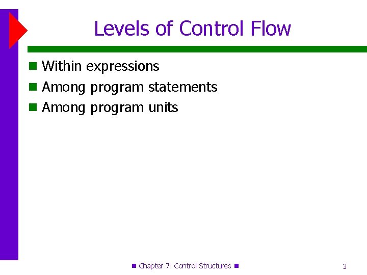 Levels of Control Flow Within expressions Among program statements Among program units Chapter 7: Levels of Control Flow Within expressions Among program statements Among program units Chapter 7: