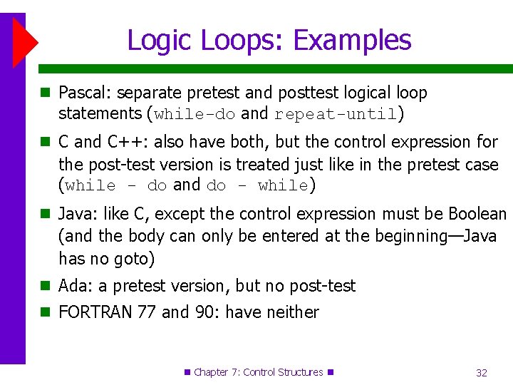 Logic Loops: Examples Pascal: separate pretest and posttest logical loop statements (while-do and repeat-until) Logic Loops: Examples Pascal: separate pretest and posttest logical loop statements (while-do and repeat-until)