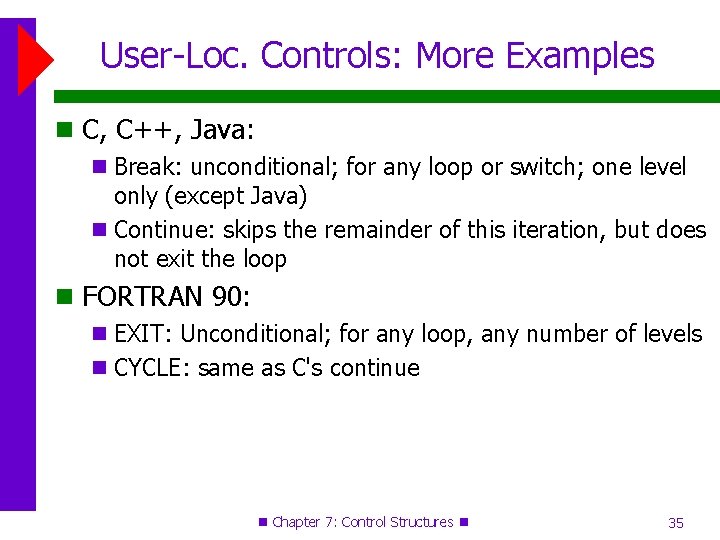 User-Loc. Controls: More Examples C, C++, Java: Break: unconditional; for any loop or switch; User-Loc. Controls: More Examples C, C++, Java: Break: unconditional; for any loop or switch;