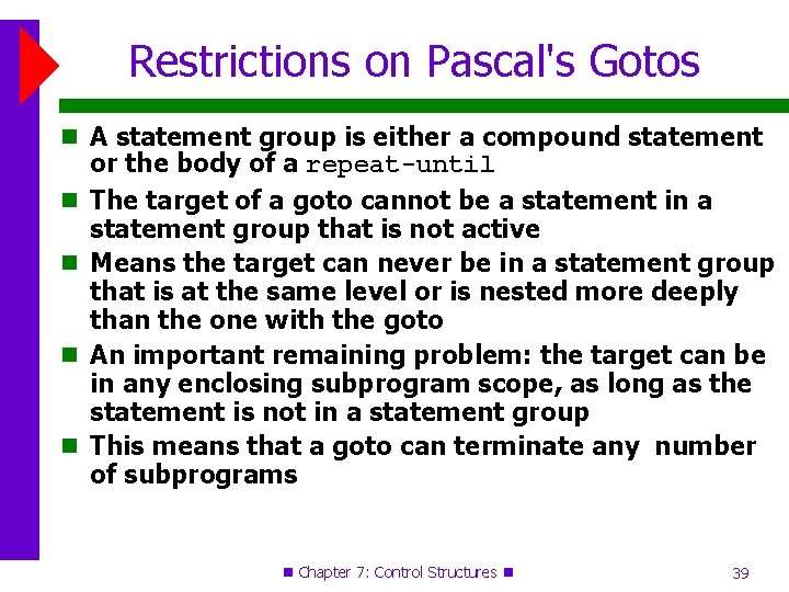 Restrictions on Pascal's Gotos A statement group is either a compound statement or the Restrictions on Pascal's Gotos A statement group is either a compound statement or the