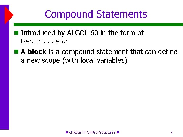 Compound Statements Introduced by ALGOL 60 in the form of begin. . . end Compound Statements Introduced by ALGOL 60 in the form of begin. . . end