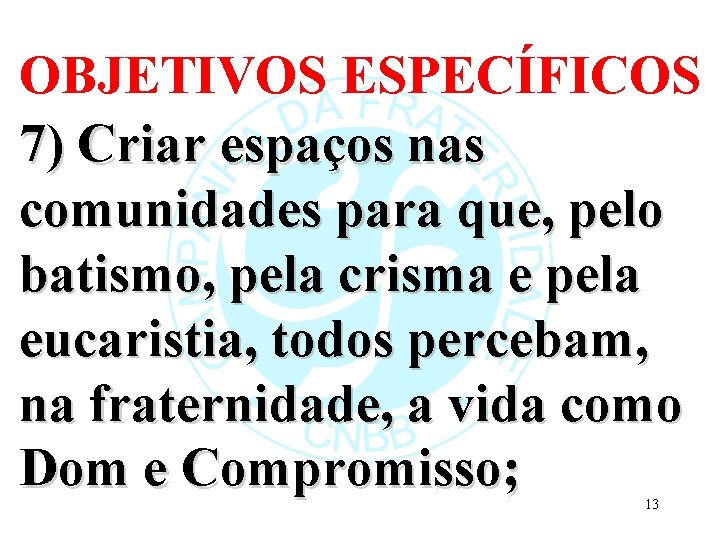 OBJETIVOS ESPECÍFICOS 7) Criar espaços nas comunidades para que, pelo batismo, pela crisma e