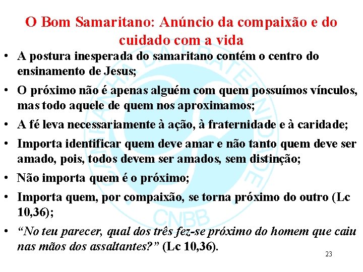 O Bom Samaritano: Anúncio da compaixão e do cuidado com a vida • A