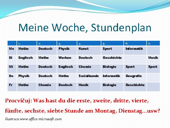 Meine Woche, Stundenplan 1. 2. 3. 4. 5. 6. Mo Mathe Deutsch Physik Kunst