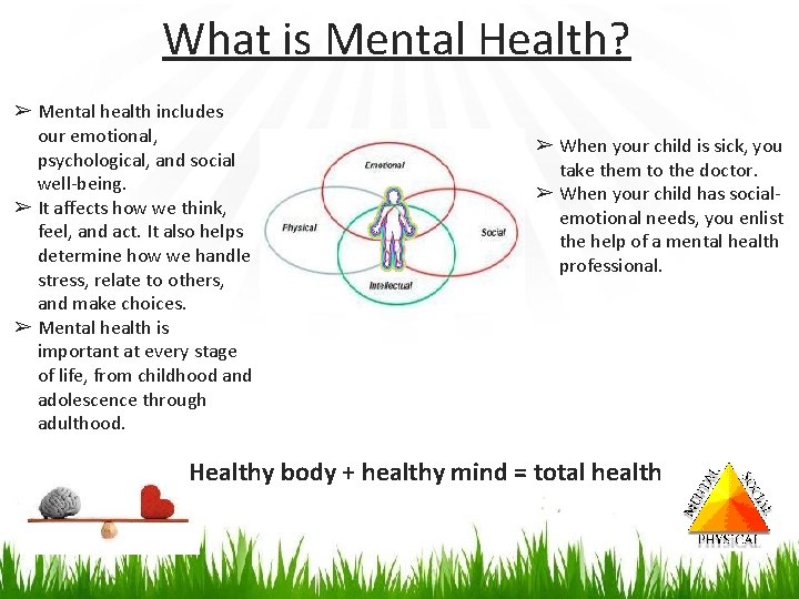 What is Mental Health? ➢ Mental health includes our emotional, psychological, and social well-being.