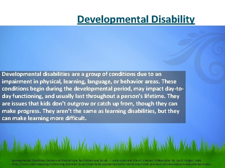 Developmental Disability Developmental disabilities are a group of conditions due to an impairment in