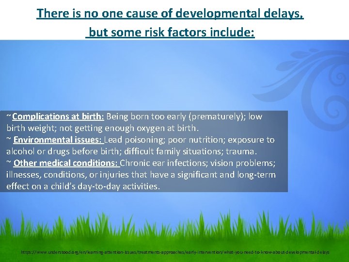 There is no one cause of developmental delays, but some risk factors include: ~
