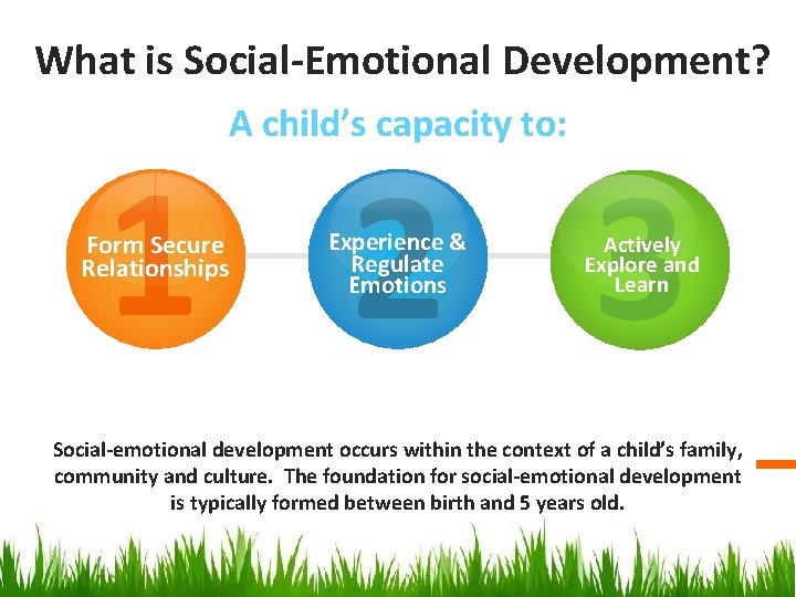 What is Social-Emotional Development? A child’s capacity to: 1 2 3 Form Secure Relationships