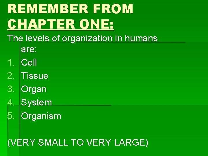 REMEMBER FROM CHAPTER ONE: The levels of organization in humans are: 1. Cell 2.