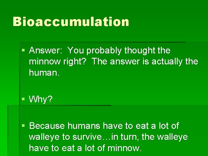 Bioaccumulation § Answer: You probably thought the minnow right? The answer is actually the